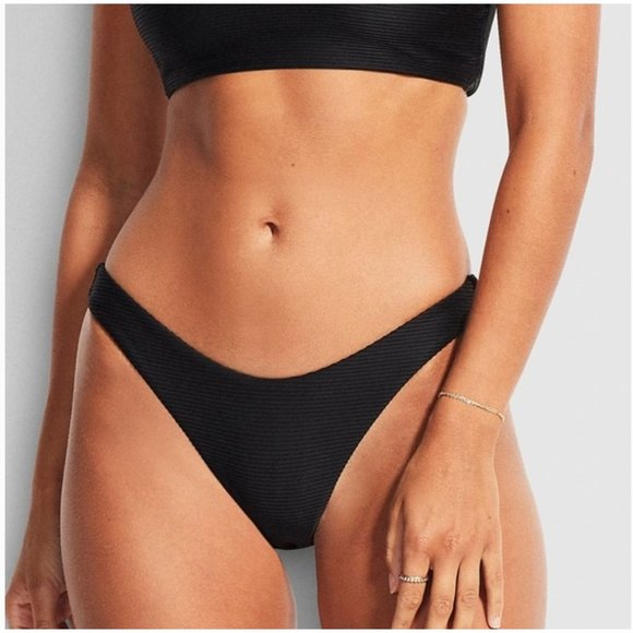 Seafolly Essentials Ribbed High Cut Leg Bikini Bottom Black 4 - Picture 1 of 7